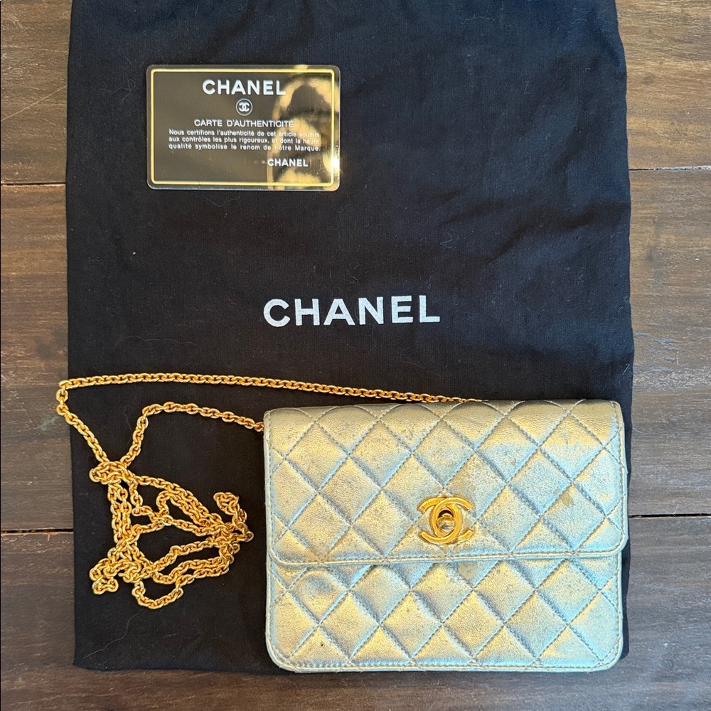 CHANEL Gold Quilted Mini Chain Crossbody Bag